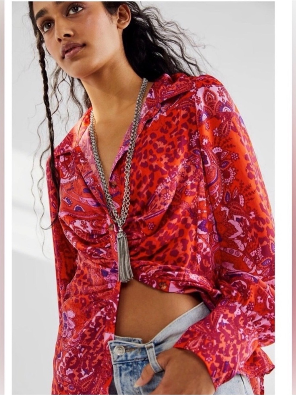 Free People Bianca Printed Ruched Blouse Paisley Button up Leopard XS